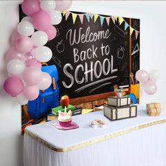 Lofaris Welcome Back to School Blackboard Backdrop with Colorful Pennants and School Supplies, Wooden Desk Background for Classroom Decor