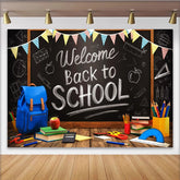 Lofaris Welcome Back to School Blackboard Backdrop with Colorful Pennants and School Supplies, Wooden Desk Background for Classroom Decor