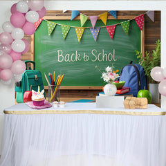Lofaris Green Chalkboard Back to School Backdrop with Colorful Bunting and Supplies, Vibrant Classroom Theme Background for Student Photography