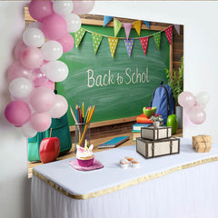 Lofaris Green Chalkboard Back to School Backdrop with Colorful Bunting and Supplies, Vibrant Classroom Theme Background for Student Photography