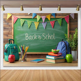 Lofaris Green Chalkboard Back to School Backdrop with Colorful Bunting and Supplies, Vibrant Classroom Theme Background for Student Photography