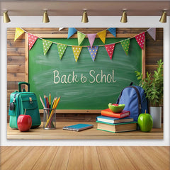 Lofaris Green Chalkboard Back to School Backdrop with Colorful Bunting and Supplies, Vibrant Classroom Theme Background for Student Photography