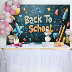 Lofaris Colorful Back To School Backdrop with Chalkboard Design, Space Elements and School Supplies for Classroom Decor