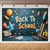 Lofaris Colorful Back To School Backdrop with Chalkboard Design, Space Elements and School Supplies for Classroom Decor