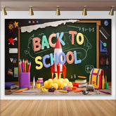 Lofaris Colorful Back To School Backdrop with Chalkboard and Rocket, Vibrant School Supplies Background for Classroom Decor and Photos