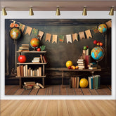 Lofaris Vintage Back To School Backdrop with Books, Globes and Apples, Classroom Photography Background for Educational Party Decor.