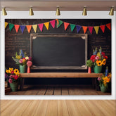 Lofaris Vibrant Back To School Backdrop with Blackboard and Colorful Bunting Flags, Floral Decor for Classroom Photography and Party