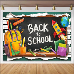 Lofaris Back To School Blackboard Backdrop with Backpack, Pencils and Rocket, Colorful Classroom Background for Kids Party Decoration