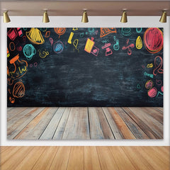 Lofaris Vibrant Chalk Doodle Birthday Backdrop with Wooden Floor, Black Chalkboard Background for Kids Party Photography