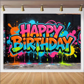 Lofaris Vibrant Graffiti Happy Birthday Backdrop with Neon Colors, Urban Street Art Background for Party Decor and Photoshoot