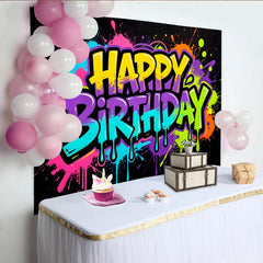 Lofaris Vibrant Graffiti Neon Happy Birthday Backdrop with Paint Splatter Design, Modern Photo Booth Background for Celebration