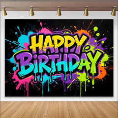 Lofaris Vibrant Graffiti Neon Happy Birthday Backdrop with Paint Splatter Design, Modern Photo Booth Background for Celebration