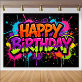 Lofaris Vibrant Neon Graffiti Happy Birthday Backdrop with Paint Splatters, Colorful Party Background for Kids and Adults