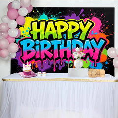Lofaris Neon Graffiti Happy Birthday Backdrop with Paint Splatters, Vibrant Party Background for Kids and Adults Photoshoot