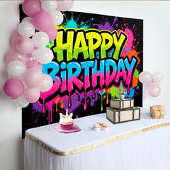Lofaris Neon Graffiti Happy Birthday Backdrop with Paint Splatters, Vibrant Party Background for Kids and Adults Photoshoot