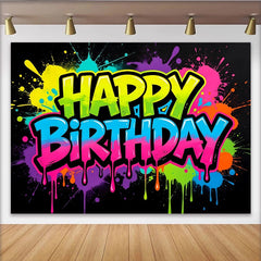 Lofaris Neon Graffiti Happy Birthday Backdrop with Paint Splatters, Vibrant Party Background for Kids and Adults Photoshoot