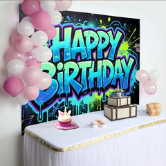 Lofaris Vibrant Graffiti Happy Birthday Backdrop with Paint Splatter, Colorful Street Art Style Photo Background for Party Decor