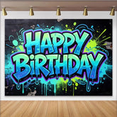 Lofaris Vibrant Graffiti Happy Birthday Backdrop with Paint Splatter, Colorful Street Art Style Photo Background for Party Decor