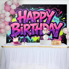 Lofaris Vibrant Graffiti Happy Birthday Backdrop with Neon Splatters, Cool Hip Hop Party Background for Photo Booth Decor