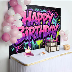 Lofaris Vibrant Graffiti Happy Birthday Backdrop with Neon Splatters, Cool Hip Hop Party Background for Photo Booth Decor