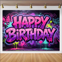 Lofaris Vibrant Graffiti Happy Birthday Backdrop with Pink and Purple Splatters, Urban Style Party Decor for Celebration Photoshoot