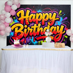 Lofaris Vibrant Graffiti Happy Birthday Backdrop with Colorful Paint Splatters, Dynamic Urban Style Photo Booth Prop for Celebration