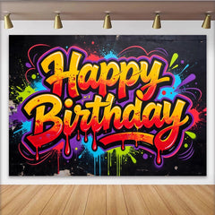 Lofaris Vibrant Graffiti Happy Birthday Backdrop with Colorful Paint Splatters, Dynamic Urban Style Photo Booth Prop for Celebration