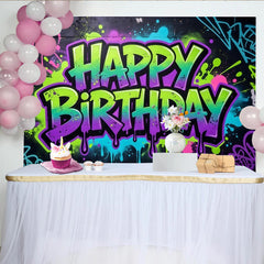 Lofaris Neon Graffiti Happy Birthday Backdrop with Vibrant Paint Splatters, Energetic Photo Background for Party Decoration