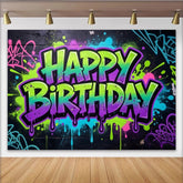 Lofaris Neon Graffiti Happy Birthday Backdrop with Vibrant Paint Splatters, Energetic Photo Background for Party Decoration