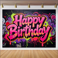 Lofaris Vibrant Graffiti Neon Happy Birthday Backdrop with Paint Splatters, Urban Party Background for Photoshoot Decor