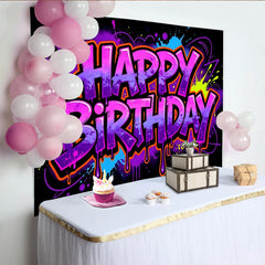 Lofaris Vibrant Graffiti Neon Happy Birthday Backdrop with Paint Splatters and Drips, Colorful Party Background for Celebrations