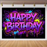 Lofaris Vibrant Graffiti Neon Happy Birthday Backdrop with Paint Splatters and Drips, Colorful Party Background for Celebrations
