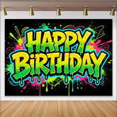 Lofaris Neon Graffiti Happy Birthday Backdrop with Paint Splatters, Vibrant Party Background for Photoshoot and Decor