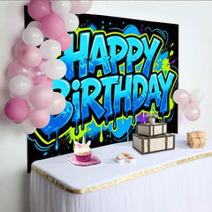 Lofaris Vibrant Graffiti Happy Birthday Backdrop with Blue and Green Paint, Urban Style Photo Booth Prop for Party Decor