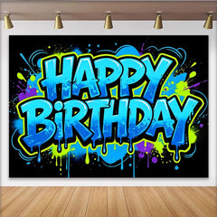 Lofaris Vibrant Graffiti Happy Birthday Backdrop with Blue and Green Paint, Urban Style Photo Booth Prop for Party Decor