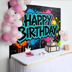 Lofaris Vibrant Neon Paint Splatter Graffiti Birthday Backdrop on Black Wood, Cool Party Decor Background for Photo Booth and Celebration