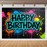 Lofaris Vibrant Neon Paint Splatter Graffiti Birthday Backdrop on Black Wood, Cool Party Decor Background for Photo Booth and Celebration