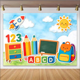 Lofaris Colorful Cartoon Back to School Backdrop with Rocket, Sun, and ABC Blocks, Educational Photography Background for Kids Party