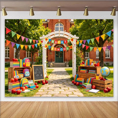 Lofaris Vibrant Back To School Backdrop with Books, Apples, and Backpacks, Photography Background for Classroom Party Decoration
