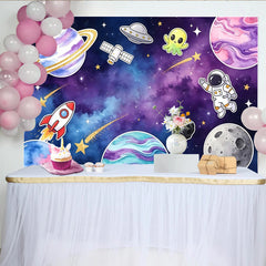 Lofaris Cartoon Space Photography Backdrop with Astronaut, Planets and Rocket Ship, Vibrant Galaxy Studio Background for Kids Birthday Decor