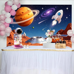 Lofaris Vibrant Cartoon Space Photography Backdrop with Astronaut and Planets, Colorful Studio Background for Kids Party Decor