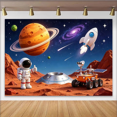 Lofaris Vibrant Cartoon Space Photography Backdrop with Astronaut and Planets, Colorful Studio Background for Kids Party Decor