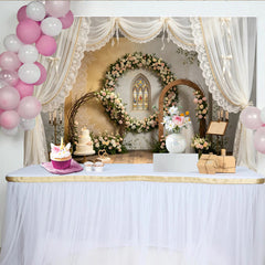 Lofaris Elegant Floral Wedding Backdrop with Stained Glass Window and Sheer Drapes, Romantic Photography Background for Event Decor