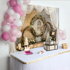 Lofaris Elegant Floral Wedding Backdrop with Stained Glass Window and Sheer Drapes, Romantic Photography Background for Event Decor