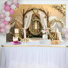 Lofaris Rustic Wooden Arch Wedding Backdrop with Stained Glass Window and Pink Roses, Elegant Floral Photography Background for Romantic Event