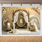 Lofaris Rustic Wooden Arch Wedding Backdrop with Stained Glass Window and Pink Roses, Elegant Floral Photography Background for Romantic Event