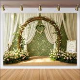 Lofaris Rustic Wooden Arch Wedding Backdrop with Pink Roses, Elegant Floral Background for Romantic Ceremony Photoshoot
