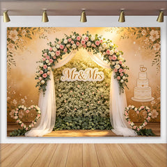 Lofaris Elegant Floral Wedding Backdrop with Pink Roses and Mr and Mrs Sign, Beautiful Wedding Cake Background for Romantic Event Photography