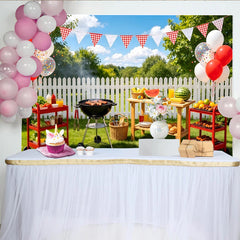 Lofaris Sunny Outdoor BBQ Picnic Photography Backdrop with Red Balloons and Checkered Banners, for Backyard Gatherings and Family Photoshoot