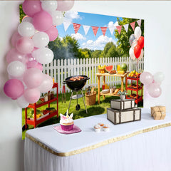 Lofaris Sunny Outdoor BBQ Picnic Photography Backdrop with Red Balloons and Checkered Banners, for Backyard Gatherings and Family Photoshoot